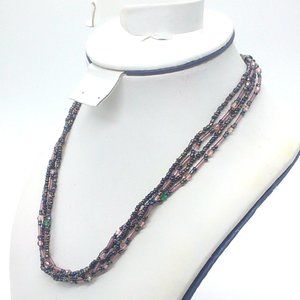 Premier Designs Seed Bead Necklace Glass Multi-Strand Gunmetal Gray Pink